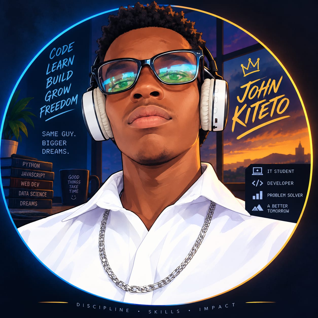 Anime-style profile portrait of John Kiteto